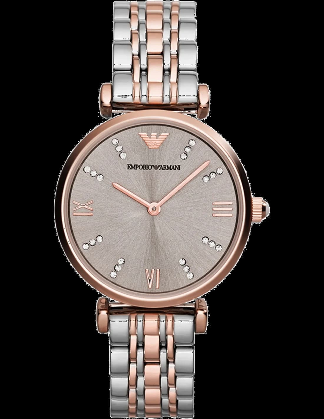 Emporio Armani AR1840 montre femme, cadran bronze, acier bi-ton, index strass
