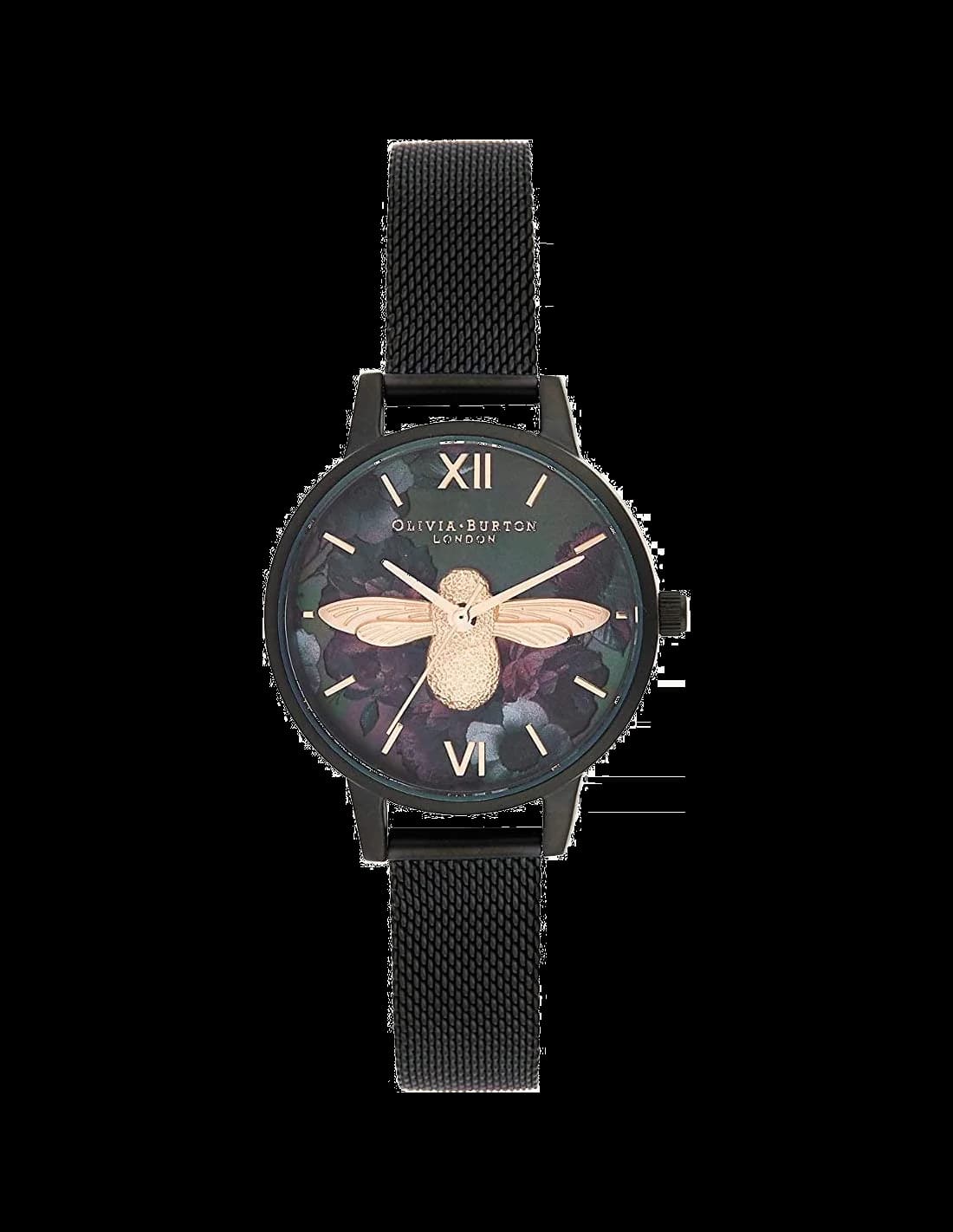 Olivia Burton OB16AD39 montre femme, cadran noir, bracelet maille milanaise noire et or rose