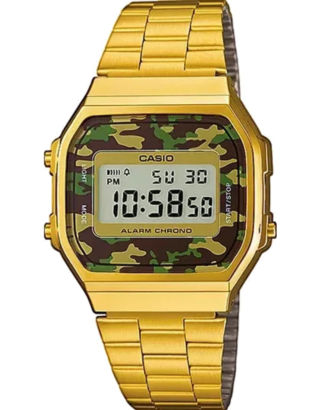 Casio A168WEGC-3EF vue de côté, bracelet acier