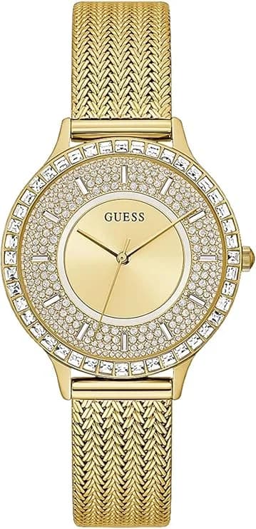Montre Guess Soiree GW0402L2 femme dorée, boîtier serti et maille milanaise