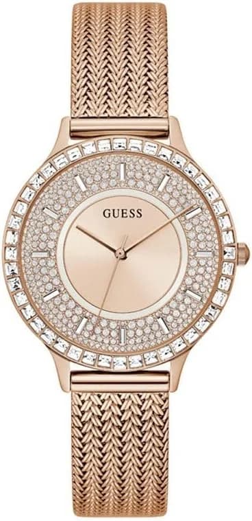 Montre Guess Soiree GW0402L3 femme or rose, boîtier serti et maille milanaise
