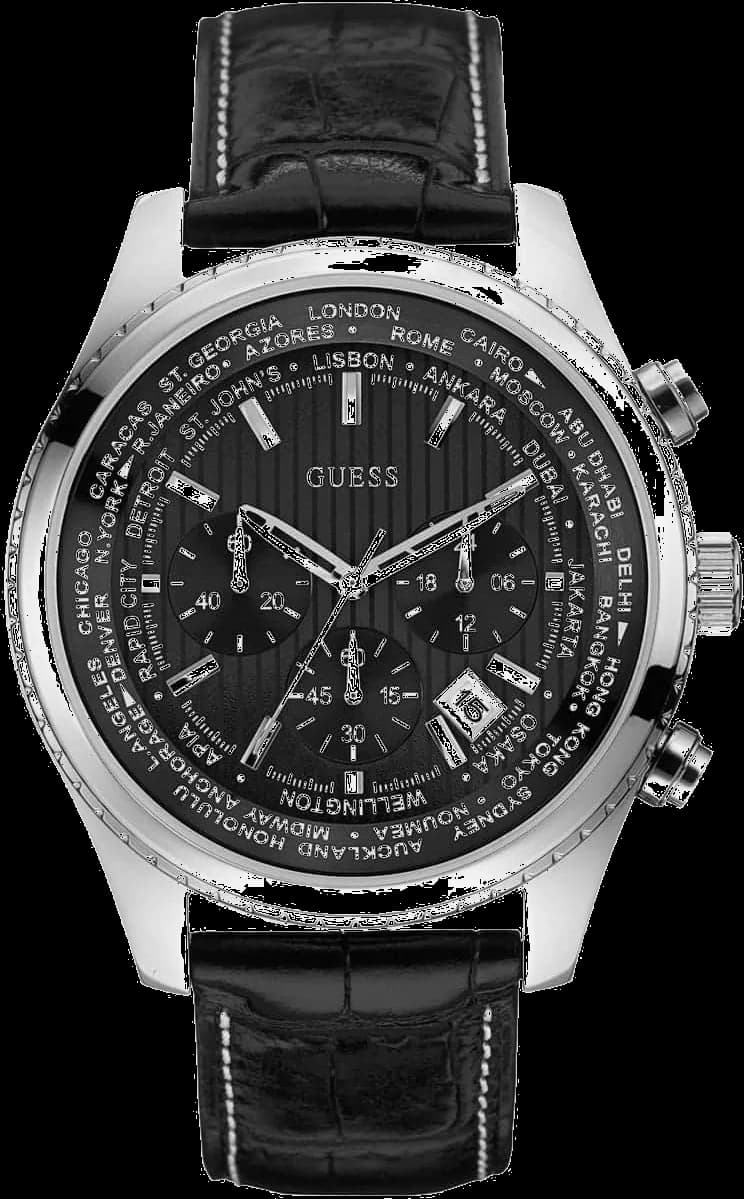 Montre Homme Guess W0500G2 bracelet cuir noir cadran noir multi-fonction
