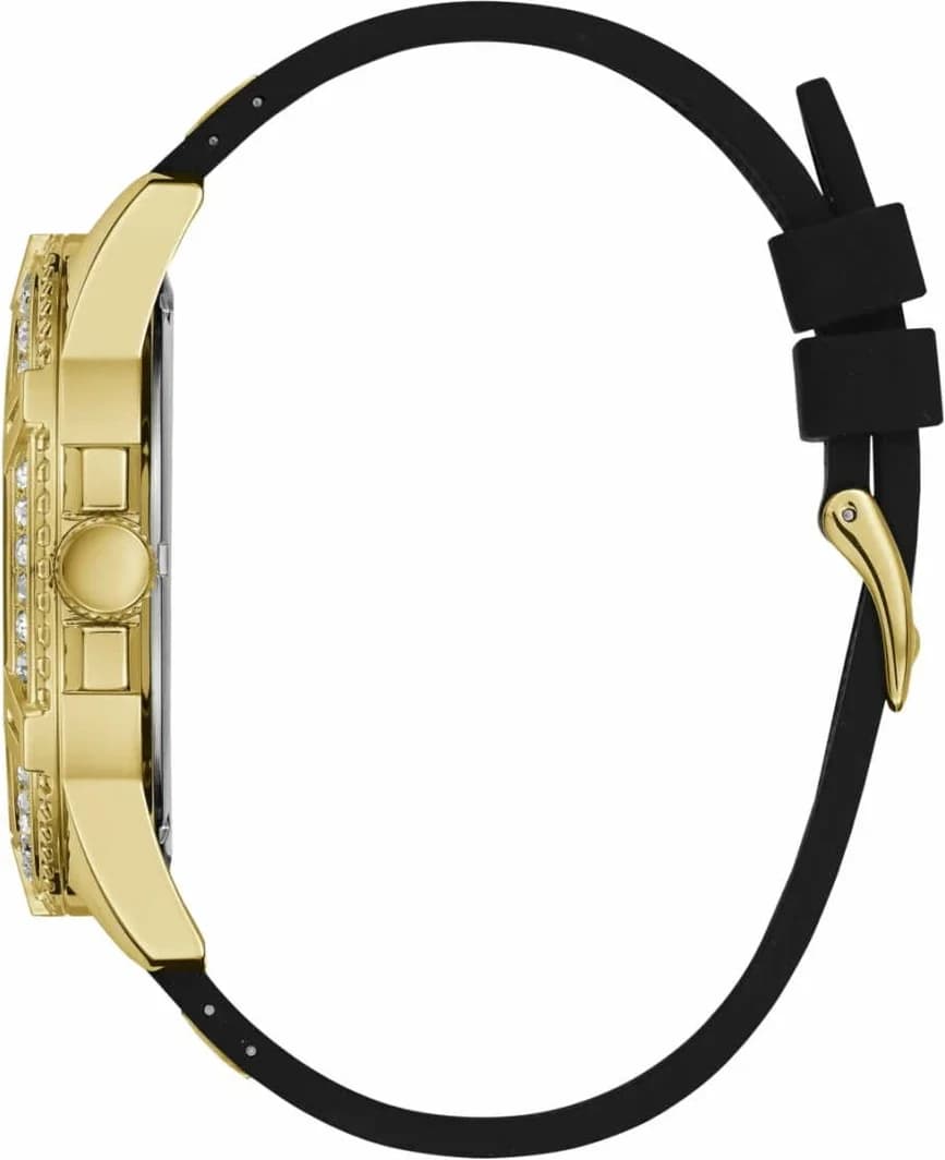 Montre Guess Frontier W1132G1 Boîtier Doré Orné de Strass et Bracelet Silicone Noir vue 2