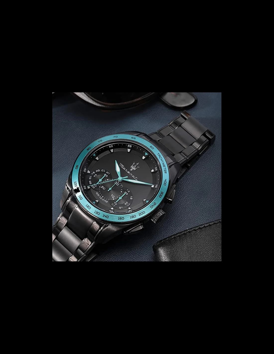 Maserati Traguardo Aqua Edition R8873644002 Black Steel Turquoise Details Men's Watch vue 5