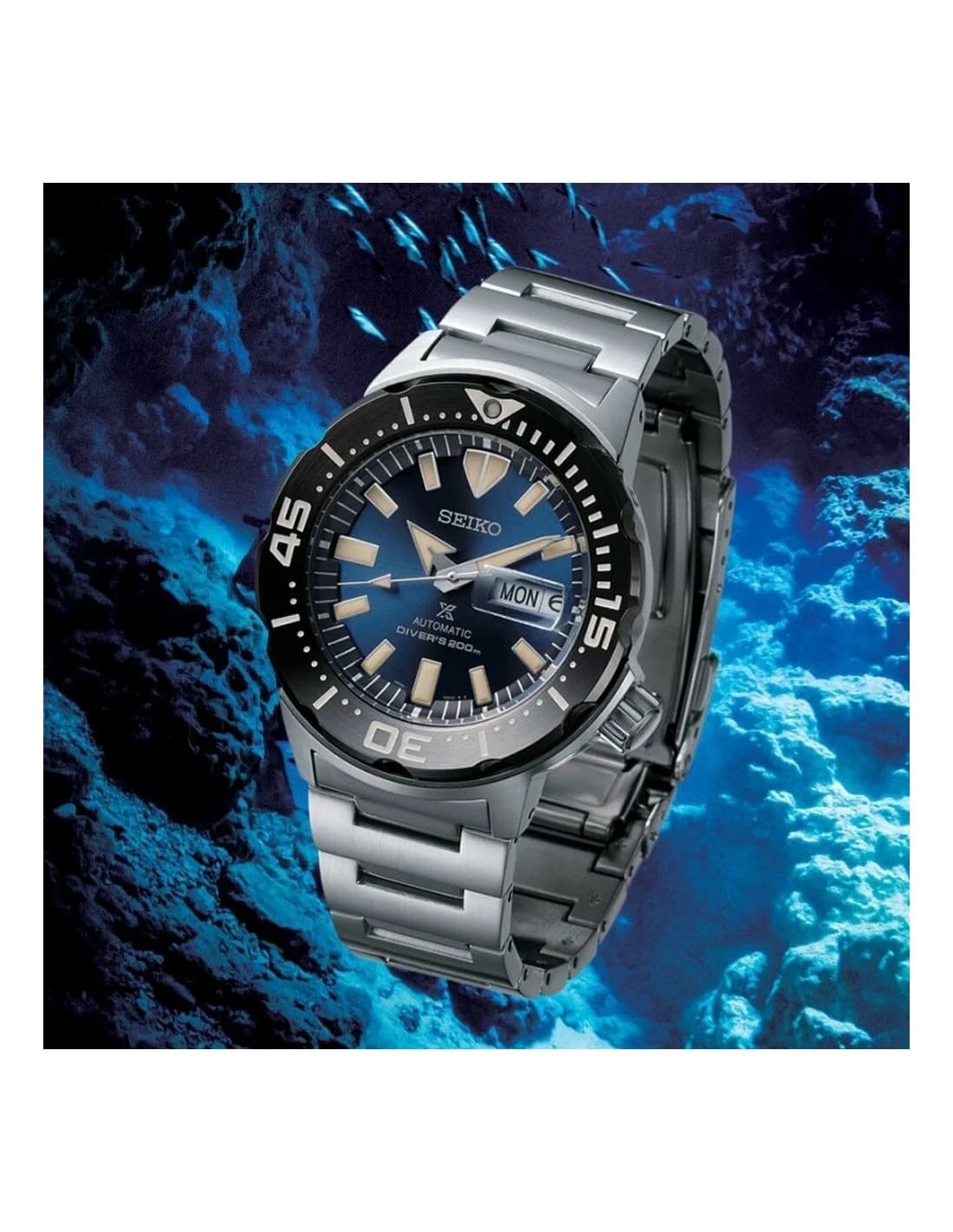 Seiko SRPD25K1 Prospex Monster Automatic Brushed Steel Blue Dial Men's Watch vue 4