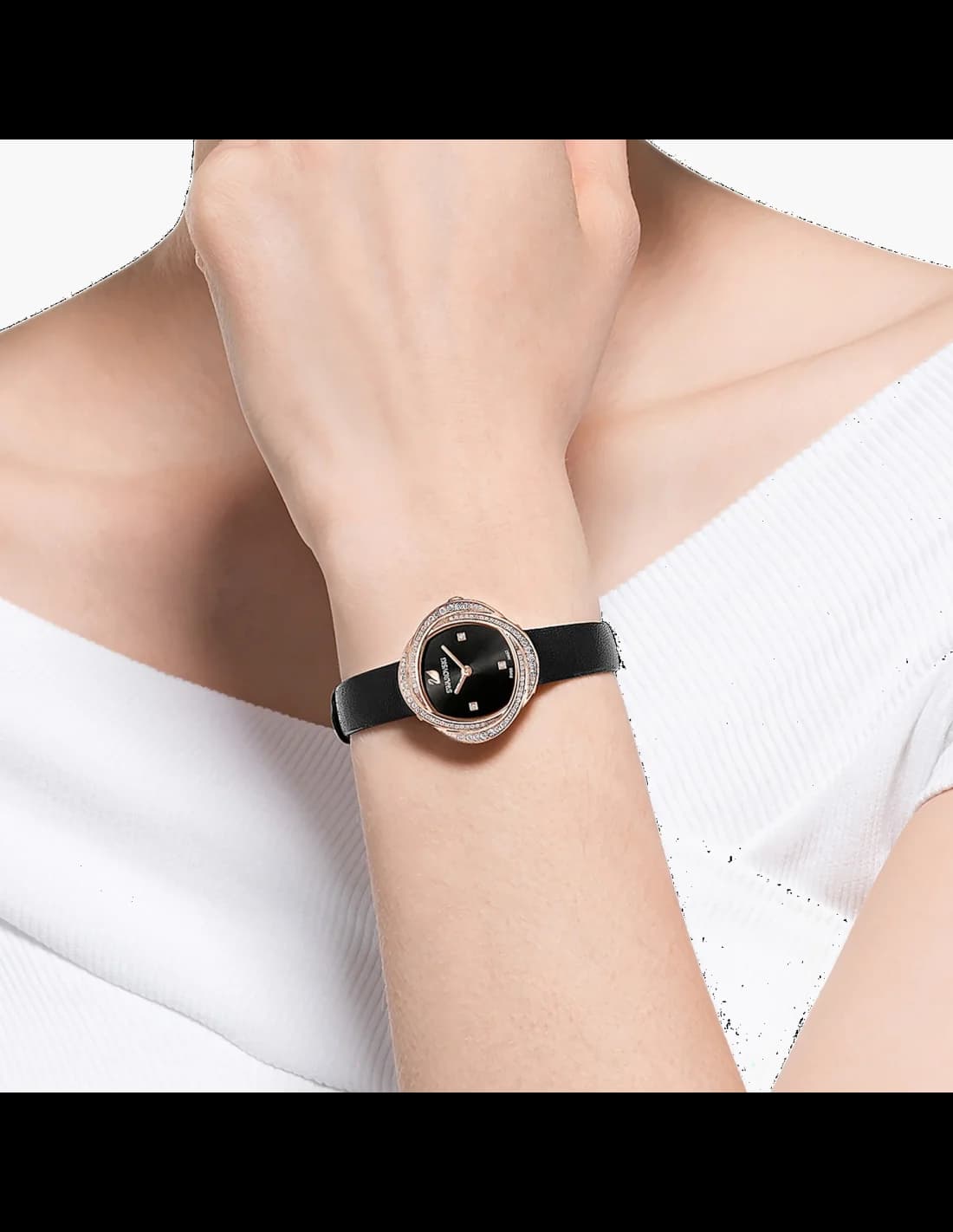 Swarovski 5552421 Crystal Flower Stainless Steel and Black Leather Watch vue 3