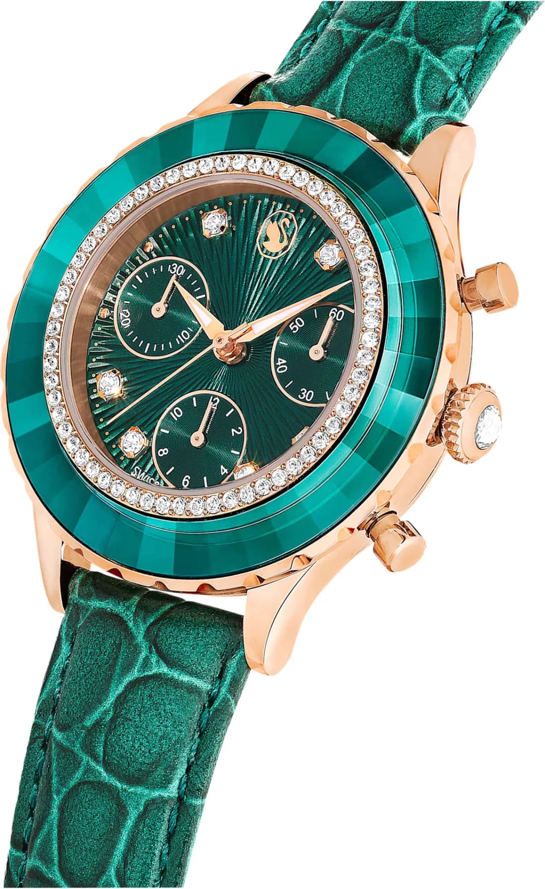 Swarovski Octea Lux Chrono 5672931 Green Leather Strap Rose Gold Finish Watch vue 2