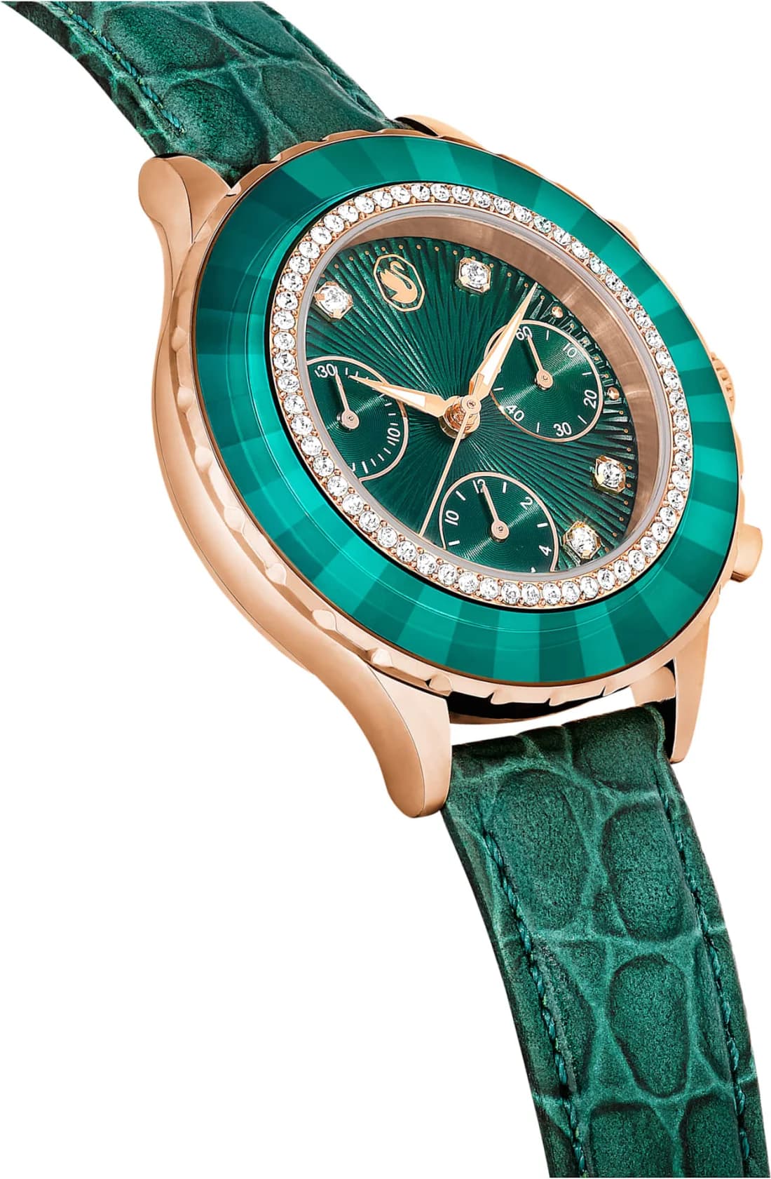 Swarovski Octea Lux Chrono 5672931 Green Leather Strap Rose Gold Finish Watch vue 3