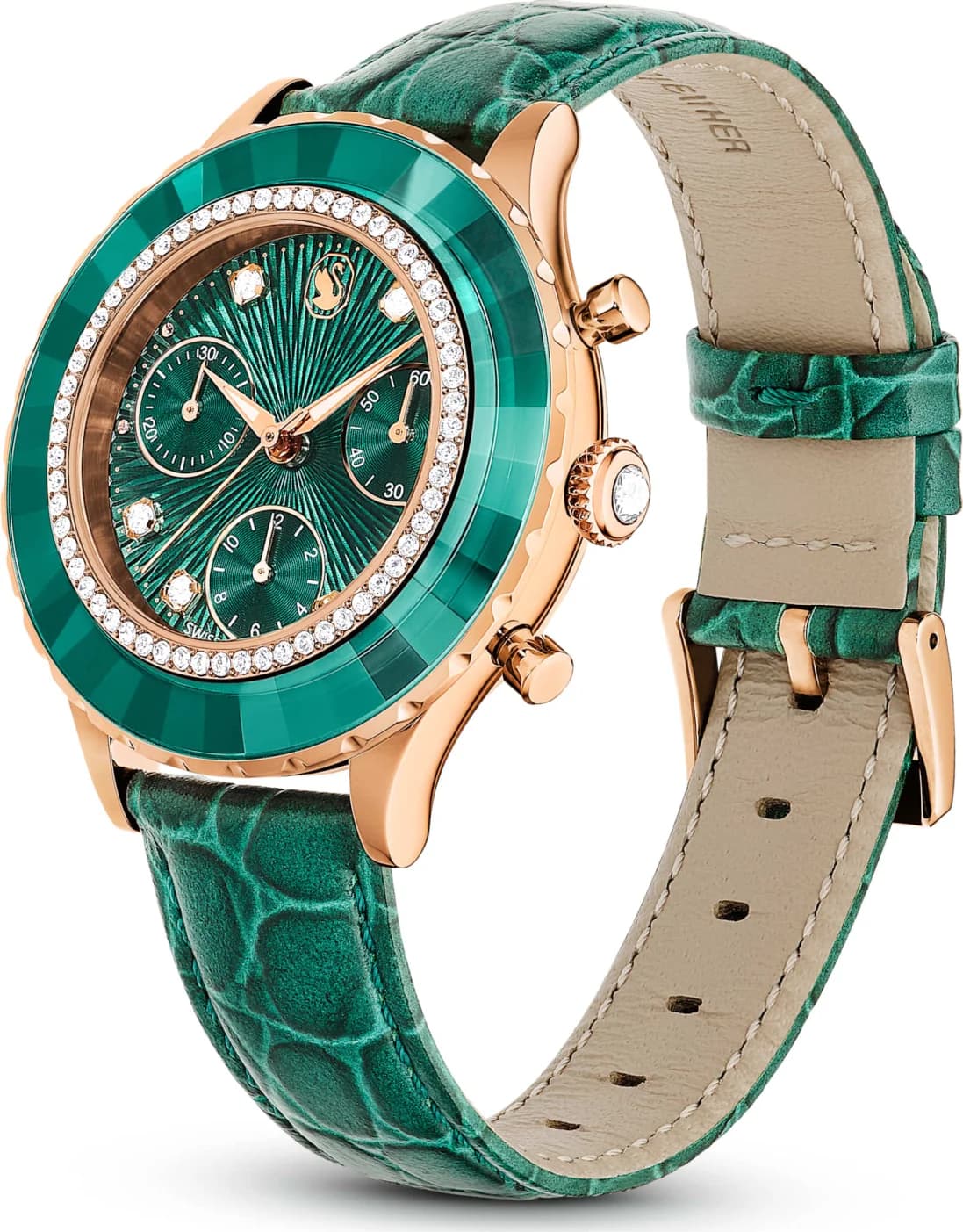 Swarovski Octea Lux Chrono 5672931 Green Leather Strap Rose Gold Finish Watch vue 4