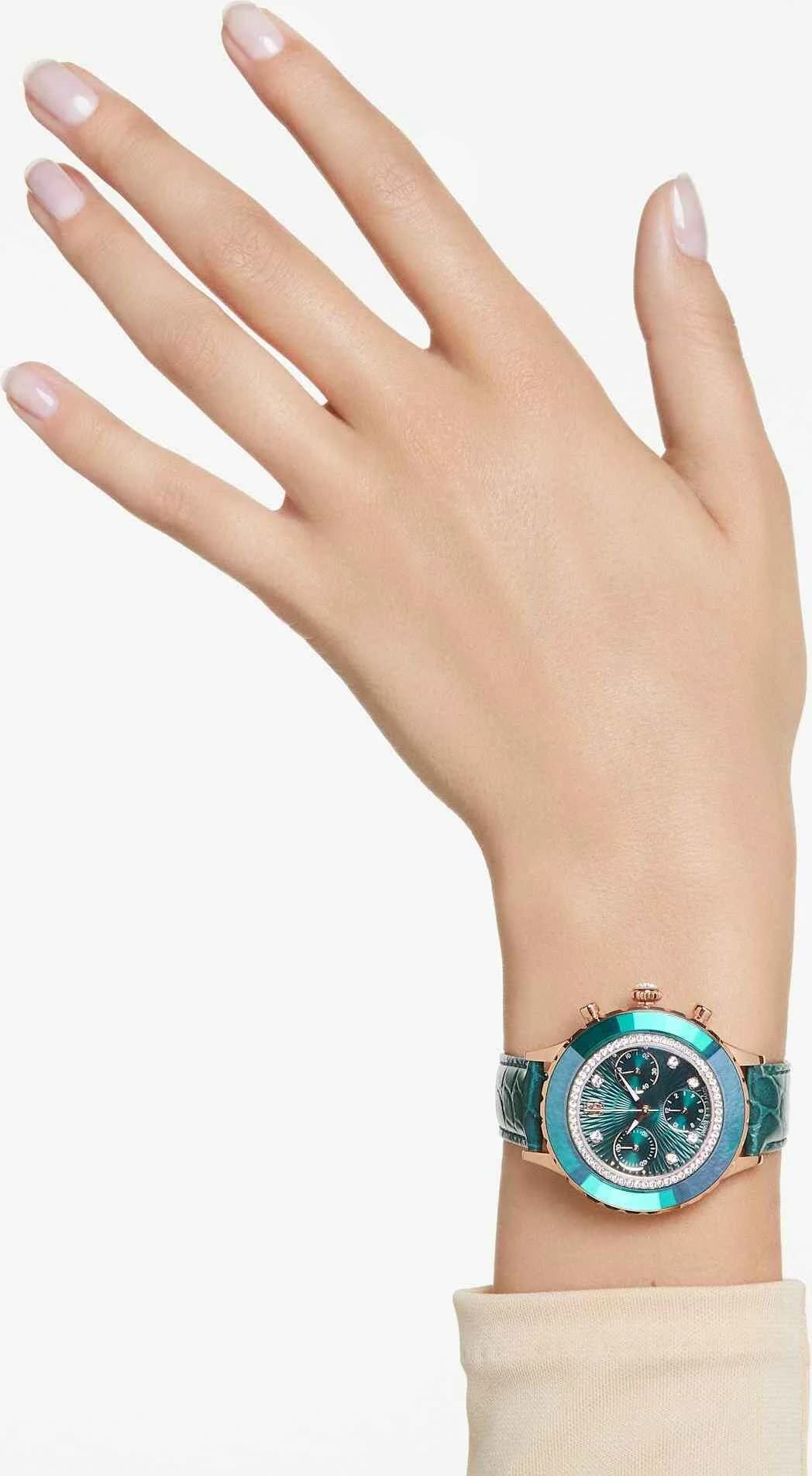 Swarovski Octea Lux Chrono 5672931 Green Leather Strap Rose Gold Finish Watch vue 8