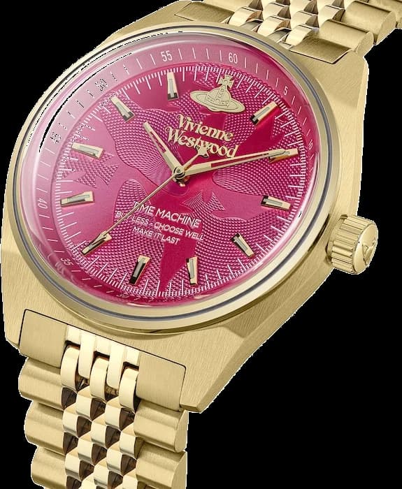Vivienne Westwood VV251RRGD Lady Sydenham Gold Stainless Steel and Fuchsia Dial Watch vue 2