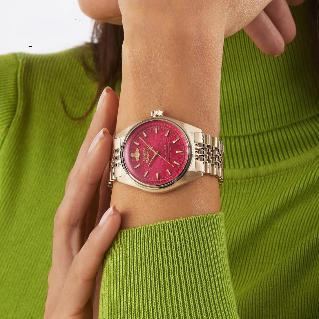 Vivienne Westwood VV251RRGD Lady Sydenham Gold Stainless Steel and Fuchsia Dial Watch vue 4