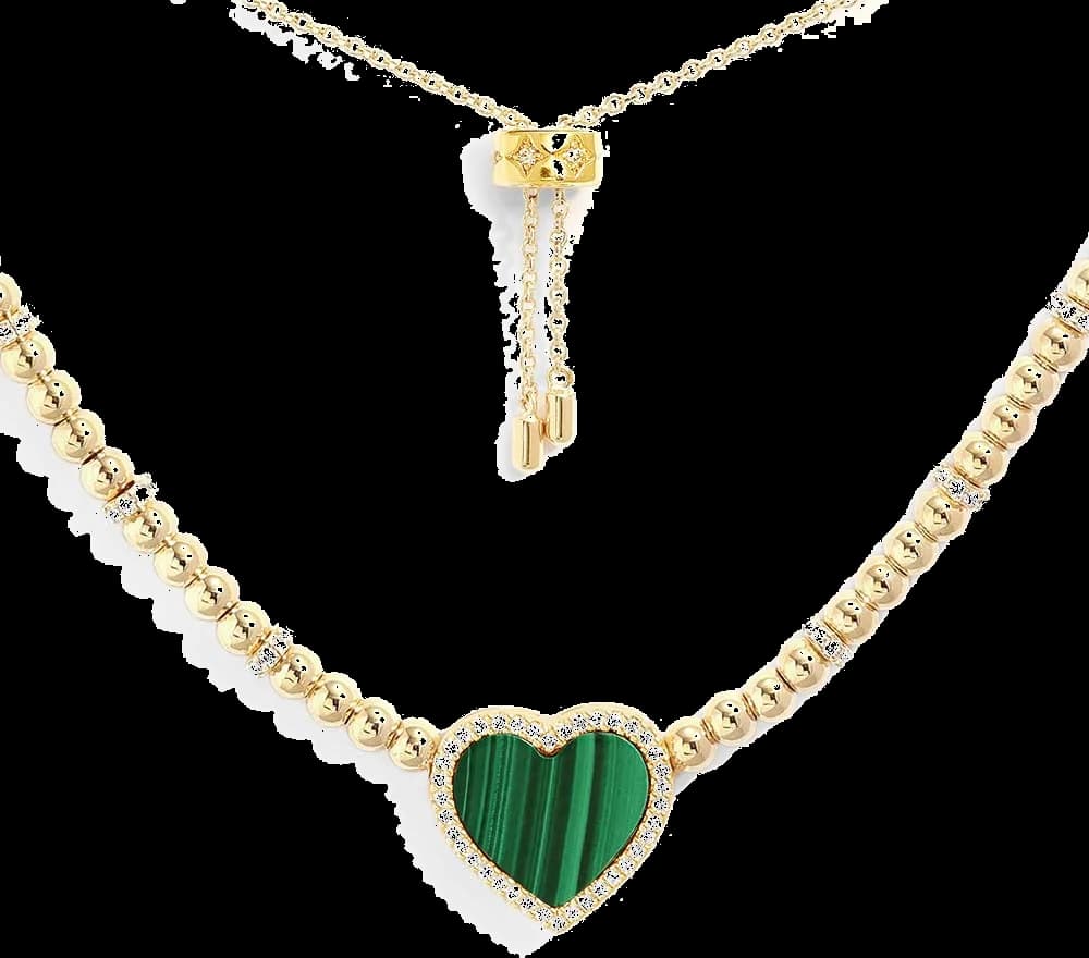 Collier ajustable APM Monaco Cœur Malachite plaqué or jaune micropavé de zirconium