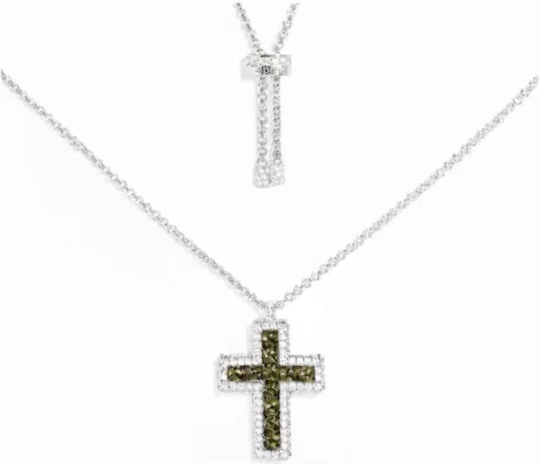 Collier Ajustable APM Monaco Croix Pavé Vert Kaki En Argent 925
