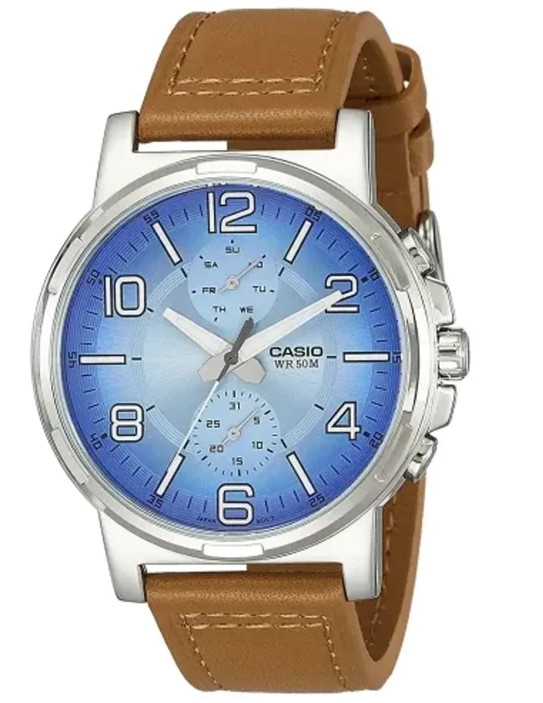 Montre Casio MTP-E313L-2B2V avec Cadran Bleu et Bracelet en Cuir Brun