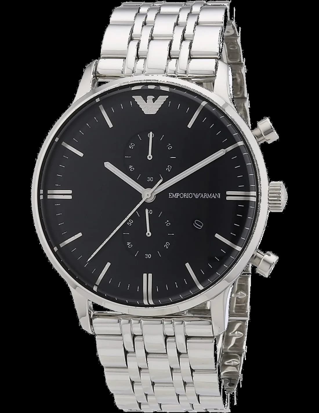 Montre Emporio Armani AR0389 Chronographe en Acier Brossé et Cadran Noir