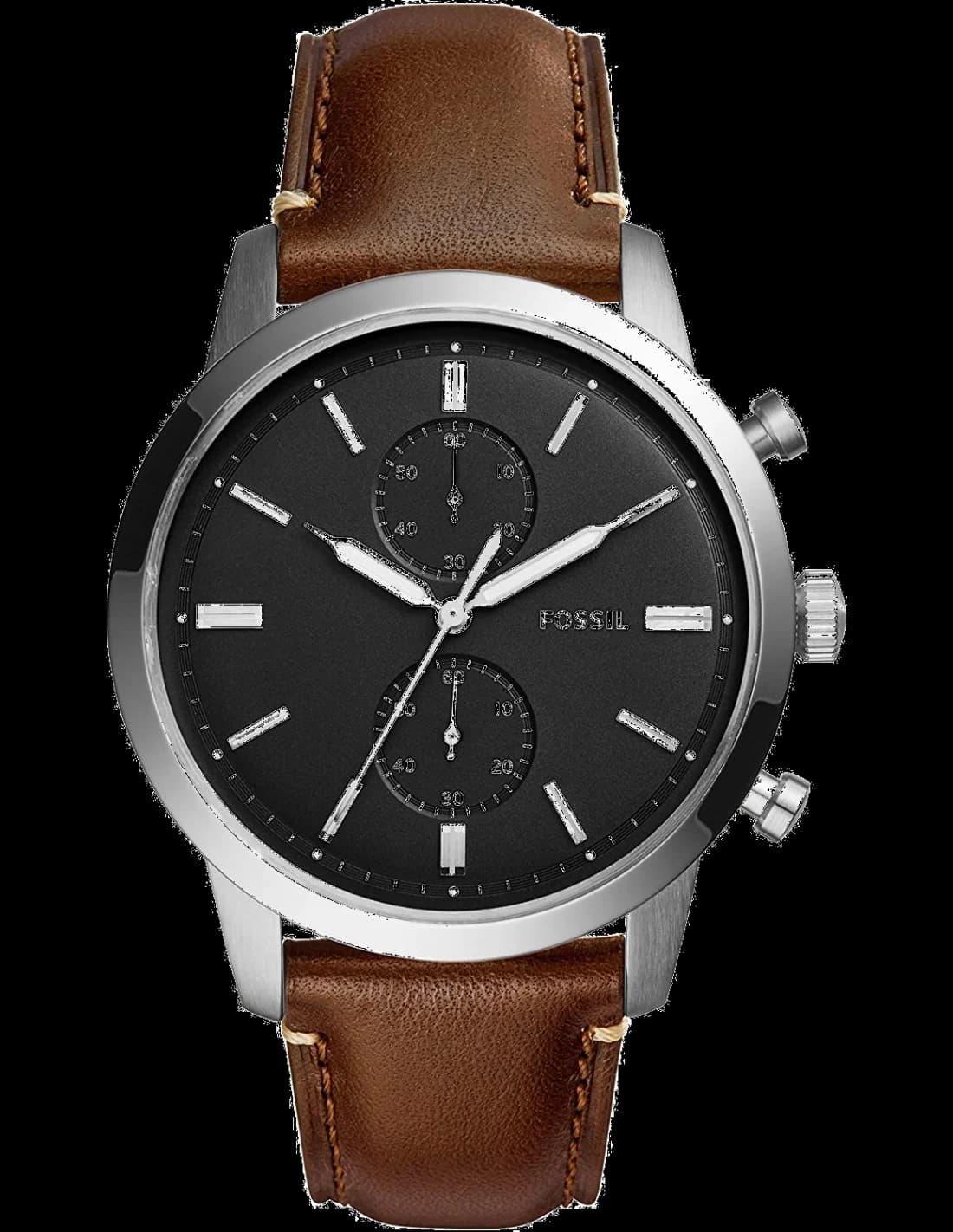 Fossil FS5280 Townsman — montre homme acier noir — bracelet cuir marron sport