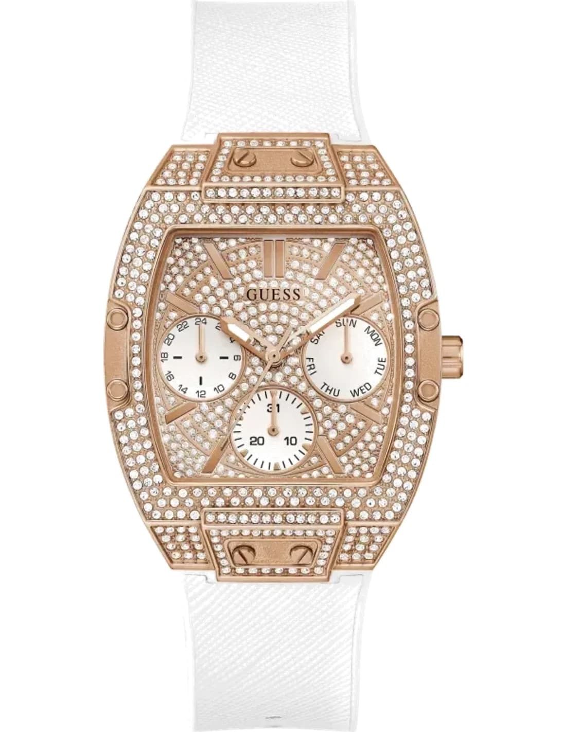 Guess Women's Watch Raven GW0105L3 white silicone strap rose gold case decorated with rhinestones