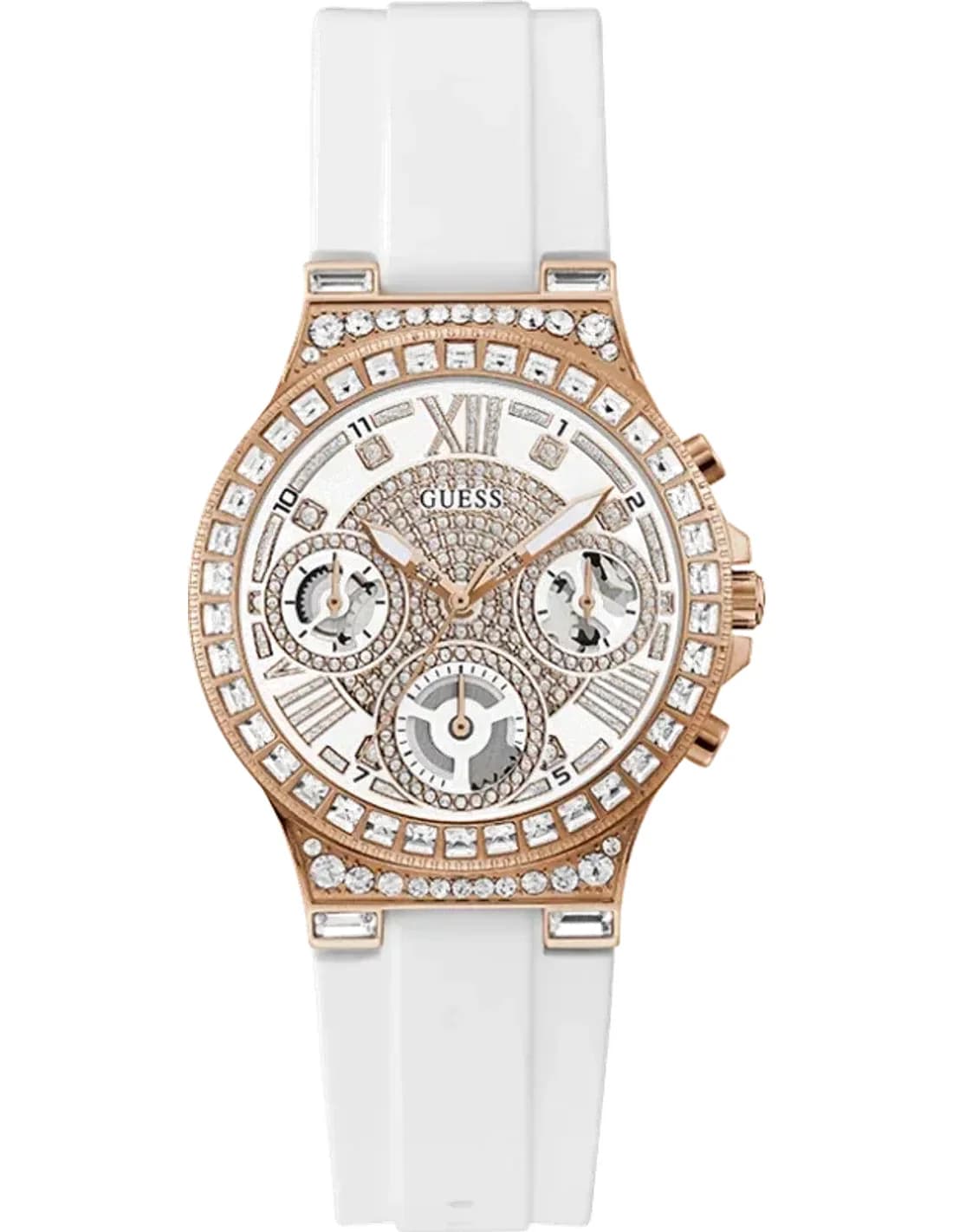 Guess Women's Watch Moonlight GW0257L2 white silicone strap rose gold case decorated with rhinestones