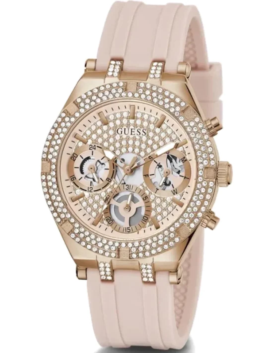 Guess Heiress GW0407L3 women's watch, pink silicone strap, case adorned with crystals
