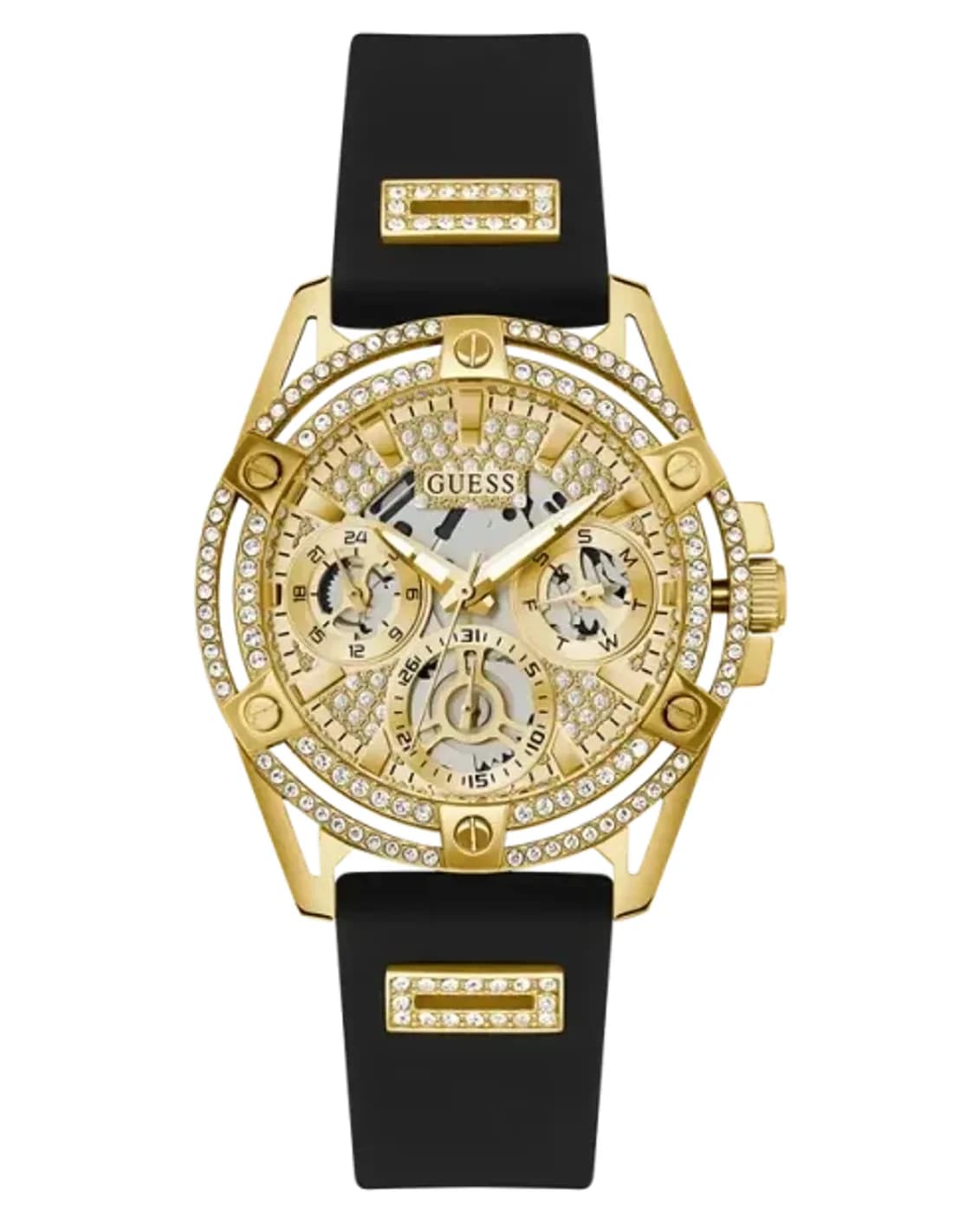 Guess Queen Women's Watch GW0536L3 black silicone strap gold case decorated with rhinestones