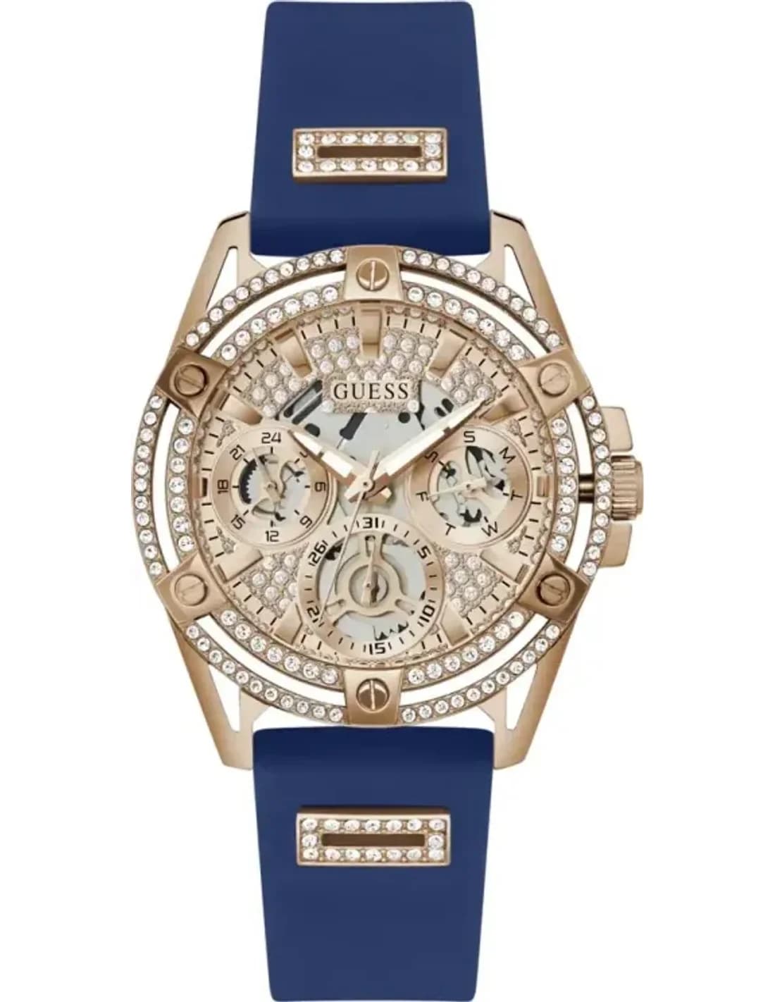 Guess Queen Women's Watch GW0536L5 blue silicone strap rose gold case decorated with rhinestones