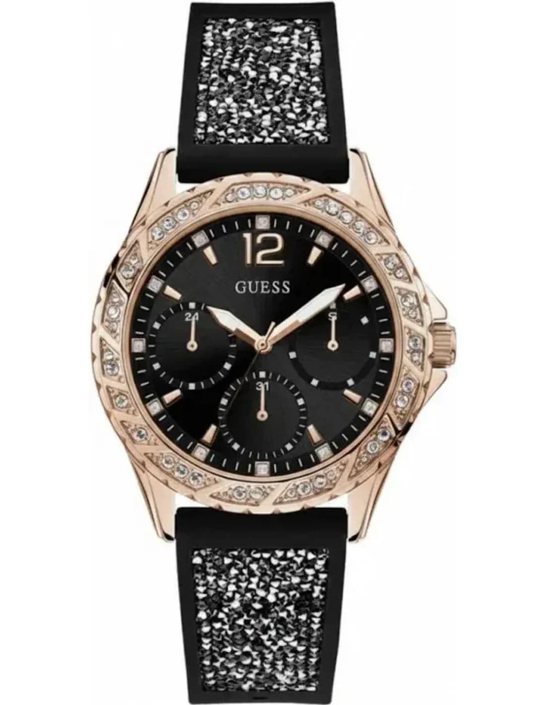 Montre Femme Guess Swirl W1096L5 Silicone Noir Cristaux Rose Gold