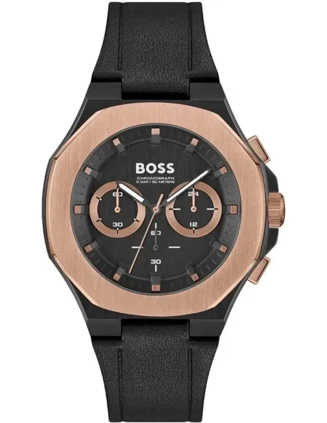 Montre Hugo Boss 1514089 Chronographe en Acier Noir et Or Rose avec Bracelet Cuir