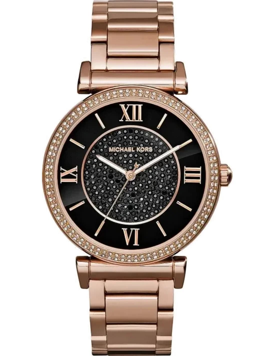 Michael Kors MK3356 Watch with Rose Gold-Plated Stainless Steel Strap and Black Crystal Dial