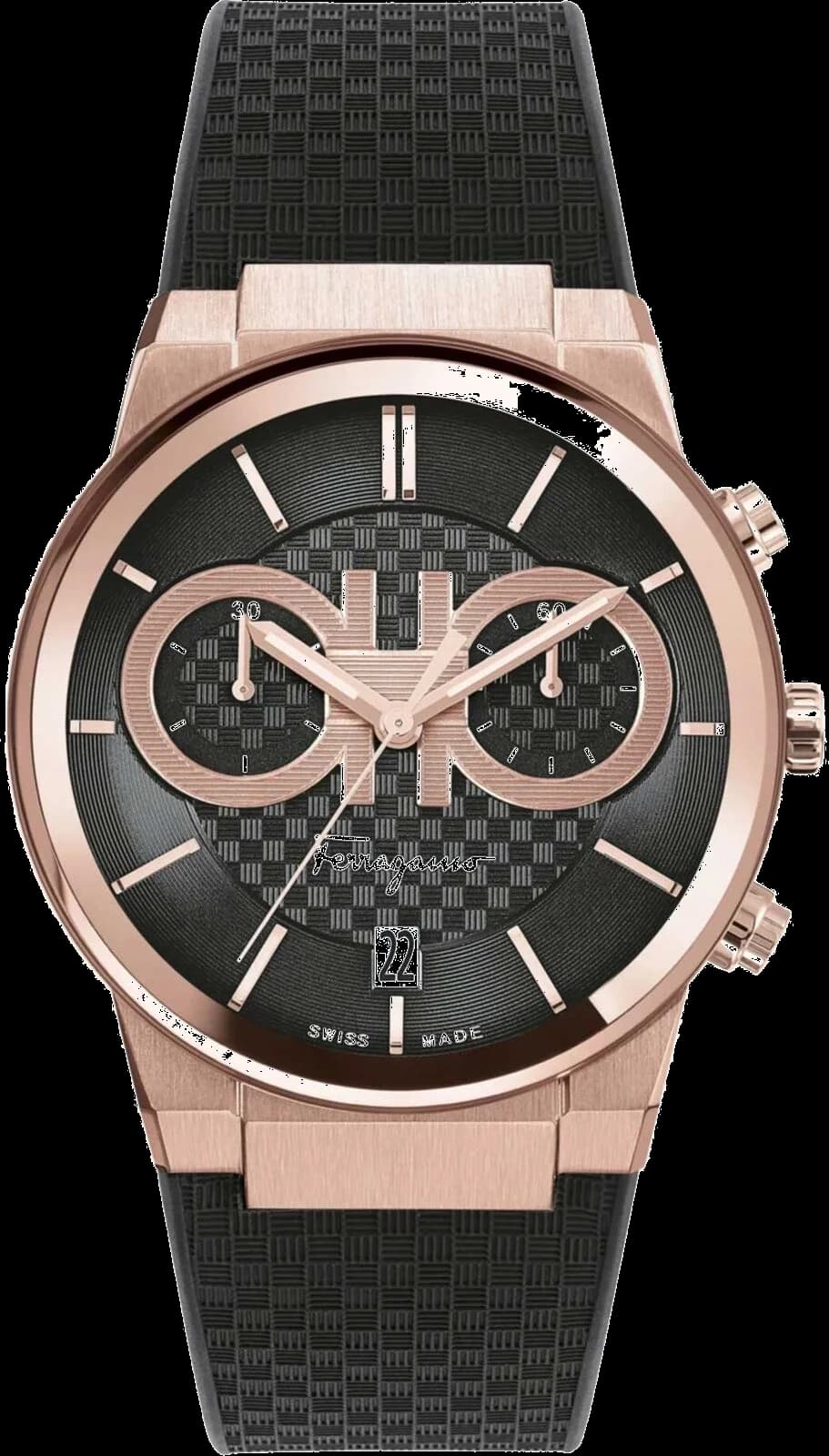 Salvatore Ferragamo SFME00721 Chronograph Watch in Rose Gold Stainless Steel and Black Silicone
