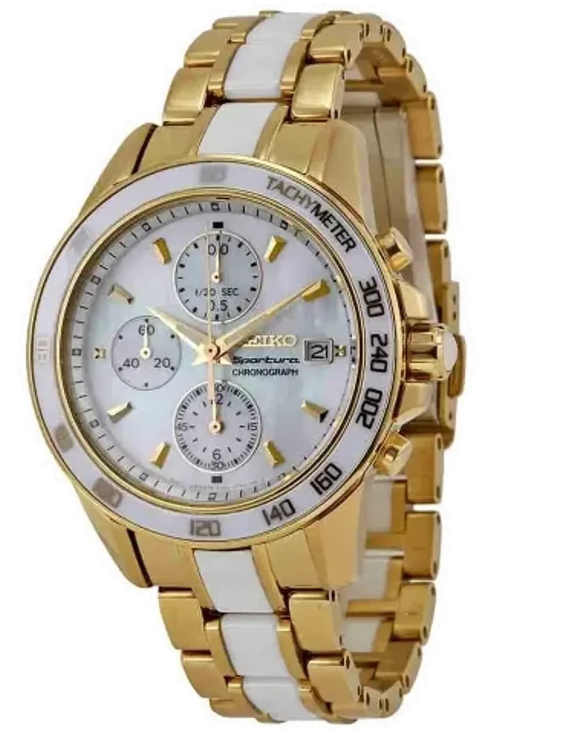 Seiko SNDX02P1 Sportura Gold and White Watch with Tachymeter