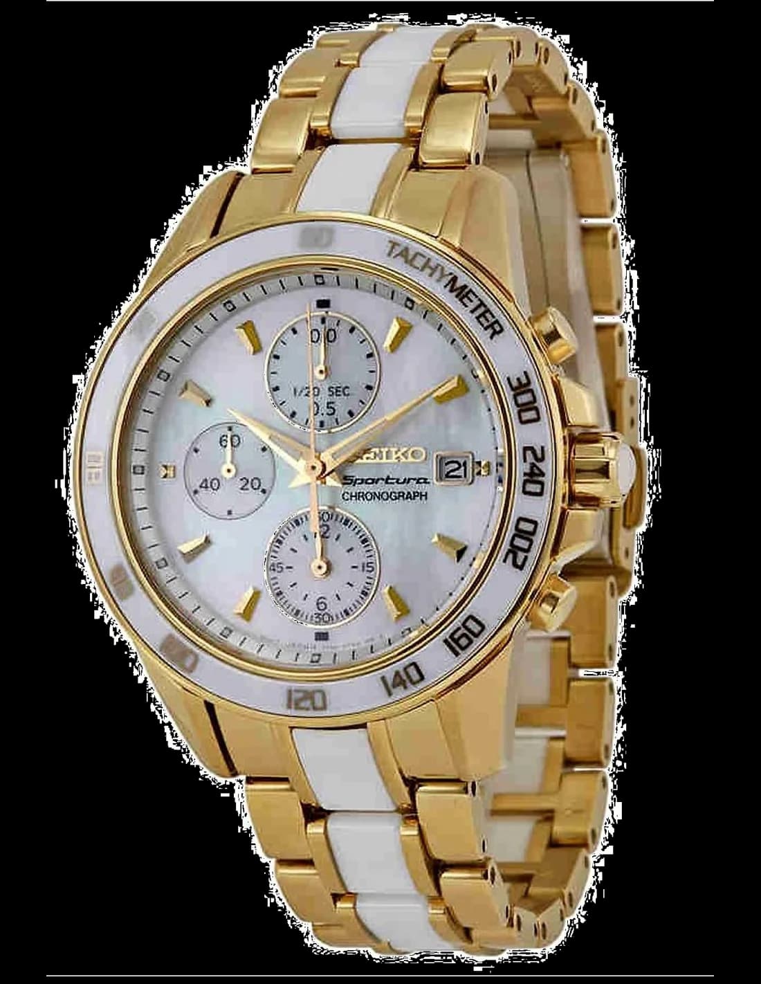 Seiko SNDX02P1 Sportura Gold and White Women's Watch with Tachymeter