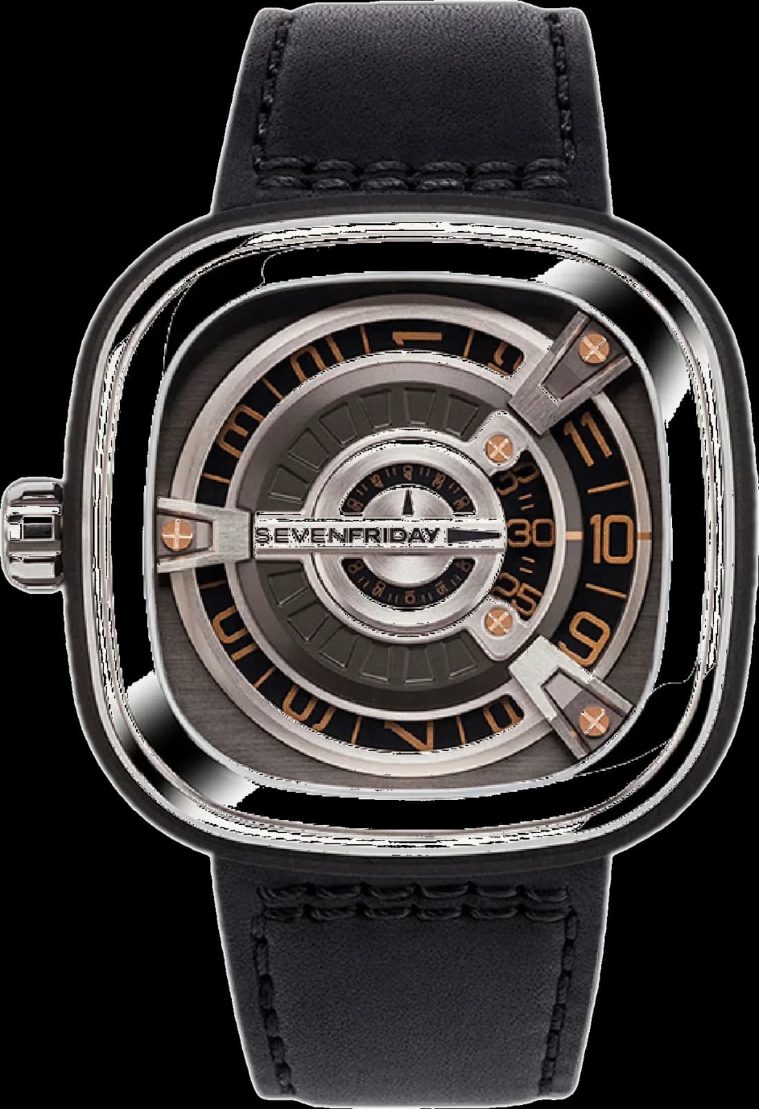 Sevenfriday M1 / 03 Automatic Watch in Polished Steel and Black Leather