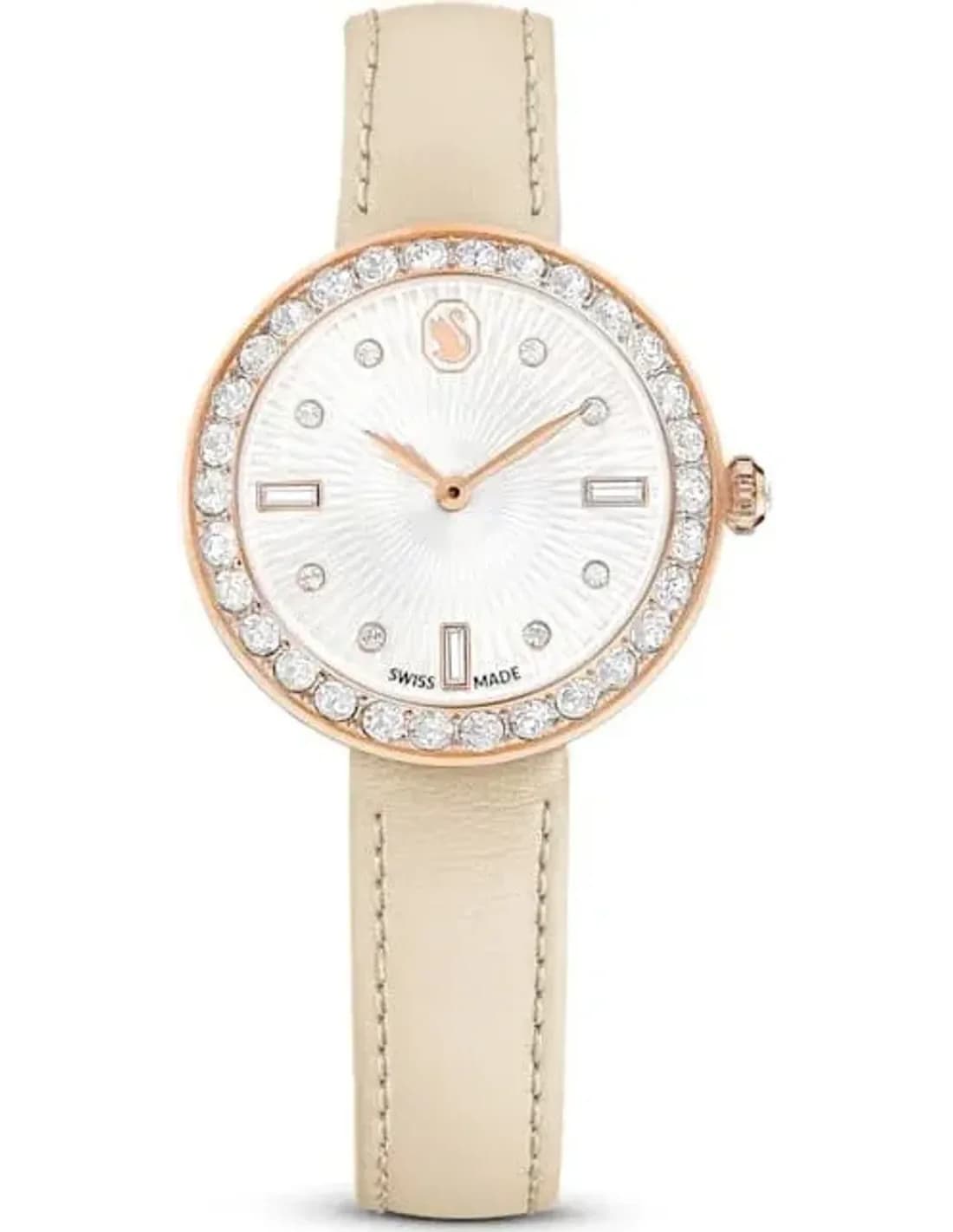 Swarovski Certa watch 5672968 beige leather strap white guilloche dial