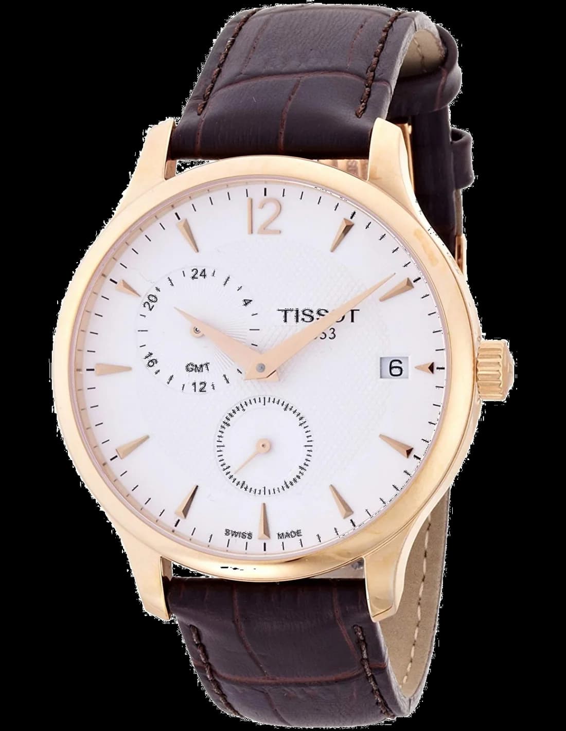 Tissot T0636393603700 Tradition GMT Watch with Brown Leather Strap and Rose Gold Finish