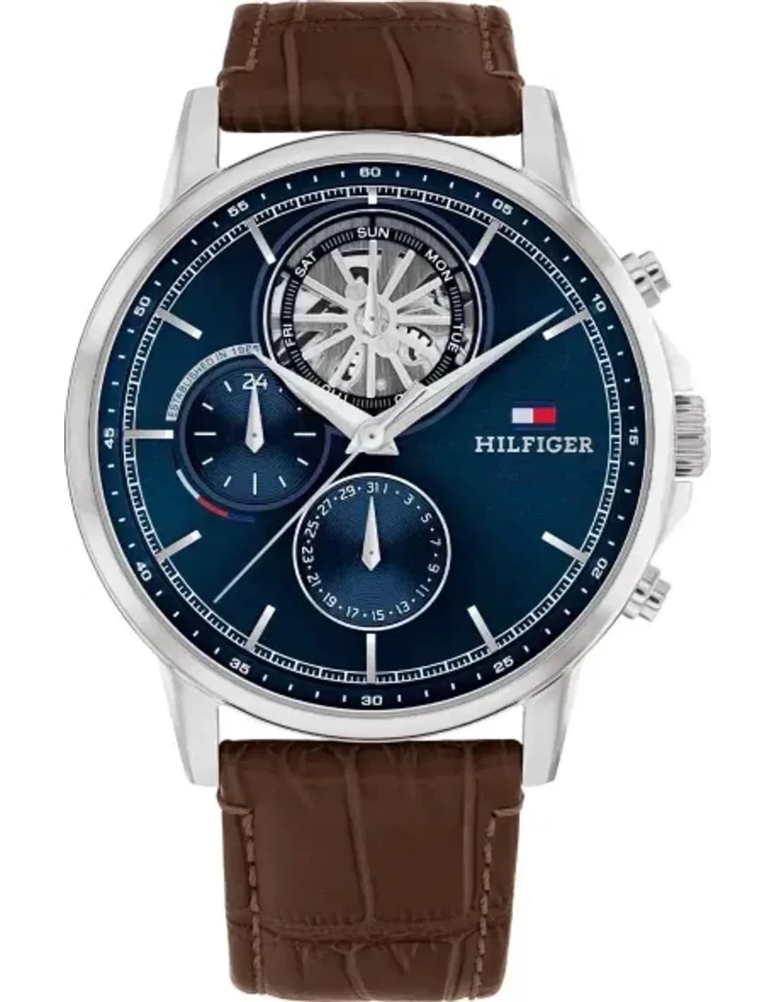 Tommy Hilfiger Stewart 1710629 Men's Watch brown leather strap blue multifunction dial